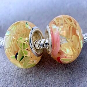 Yellow Iridescent Glass Mosaic Foil Charm Beads Set of 2 fits PANDORA